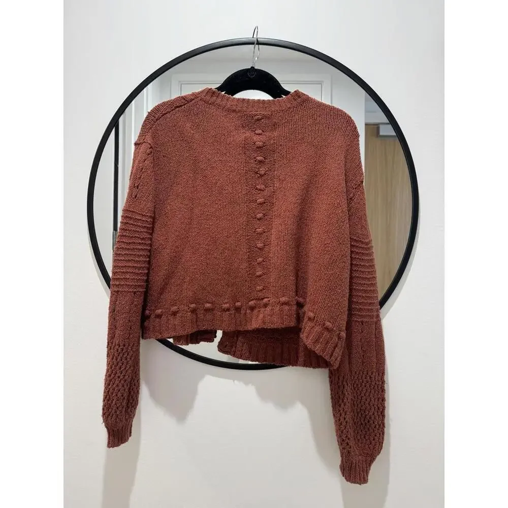 Pilcro Rust Cable-Knit Puff Sleeve Cardigan Sweater Size XS - Picture 3 of 4